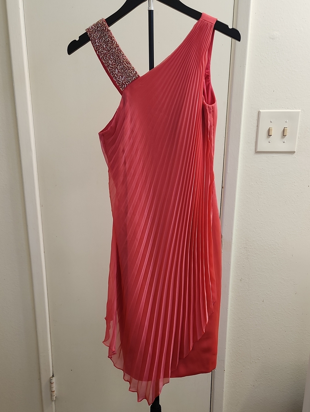 Kay Unger Hot Pink One-Shoulder Pleated Beaded Cocktail Party Dress Women's